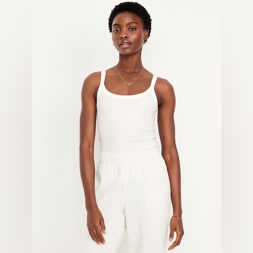 Old Navy 90s Ribbed Lace-Trim Tank Scoop Neck Wide Straps Ivory Women's L White